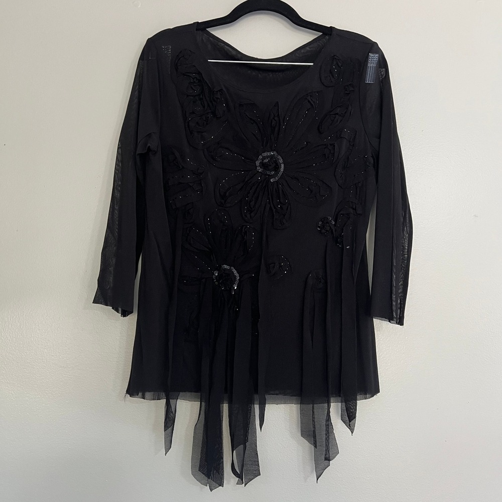 Black Floral Applique Mesh Top Sequin Beaded Handkerchief Hem whimsigoth y2k